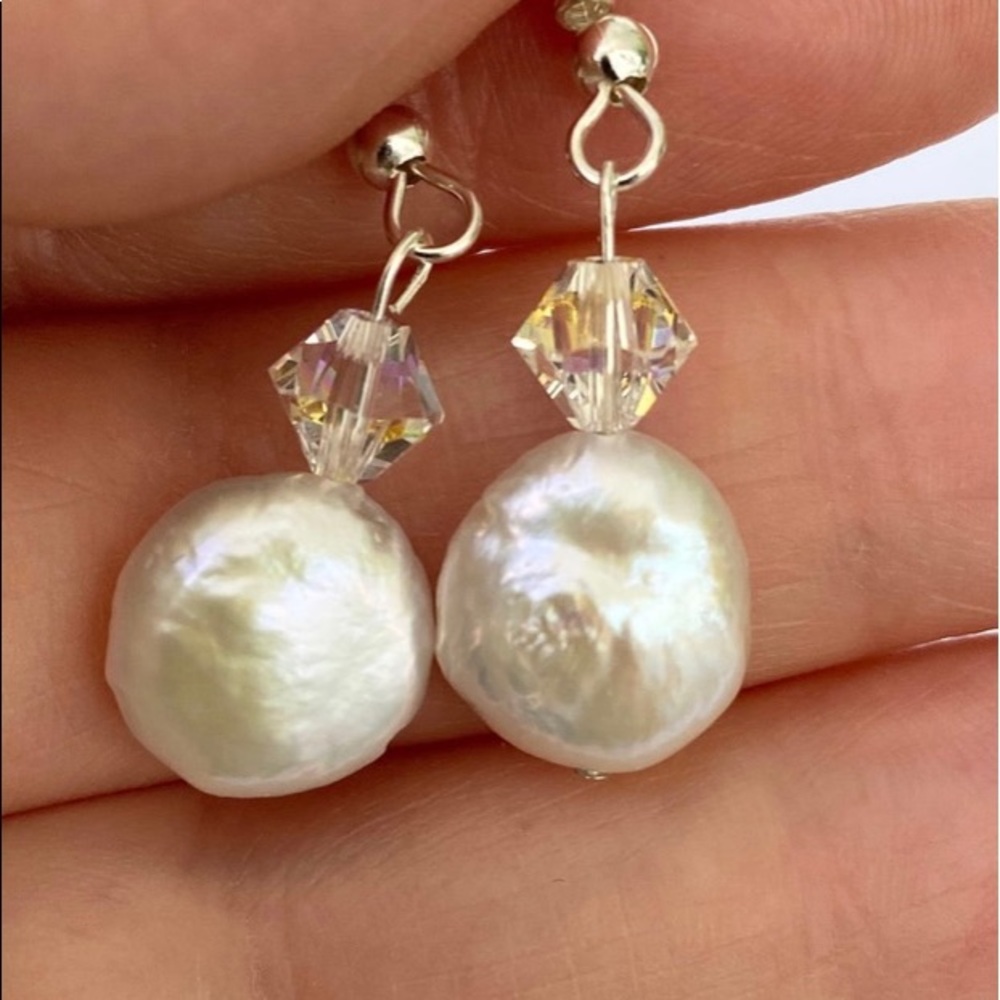 Coin Pearl and Swarovski  Crystal Earrings